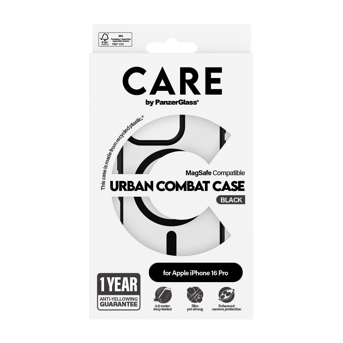 CARE by PanzerGlass® Flagship Case Transparent Urban Combat m. Schwarz Rahmen & MagSafe iPhone 16 Pro